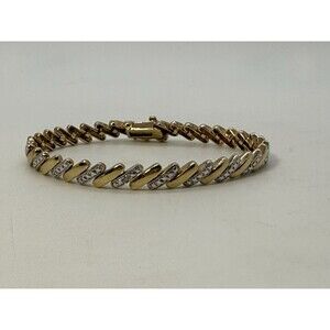 Diamond Sterling Gold Plated Tennis Bracelet Two Tone Chain 925 Silver FAS 7.5”